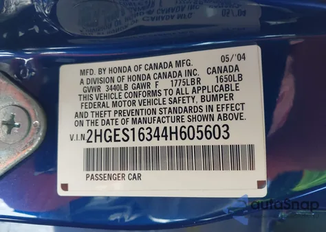 2004 Honda Civic Vp z USA, uszkodzony, nr VIN 2HGES16344H605603